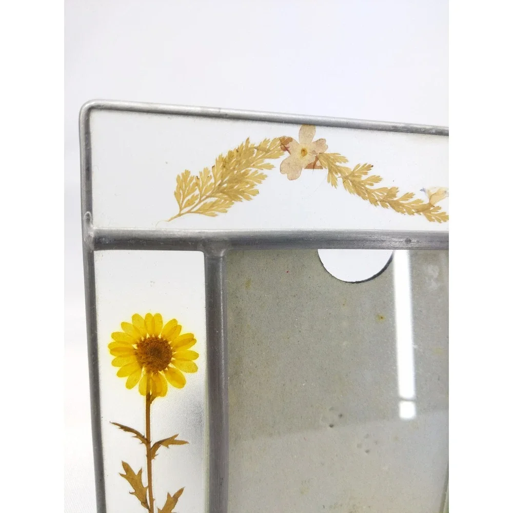 Vintage Stained Glass Picture Frame Clear Pressed Dried Flowers Leaded Metal